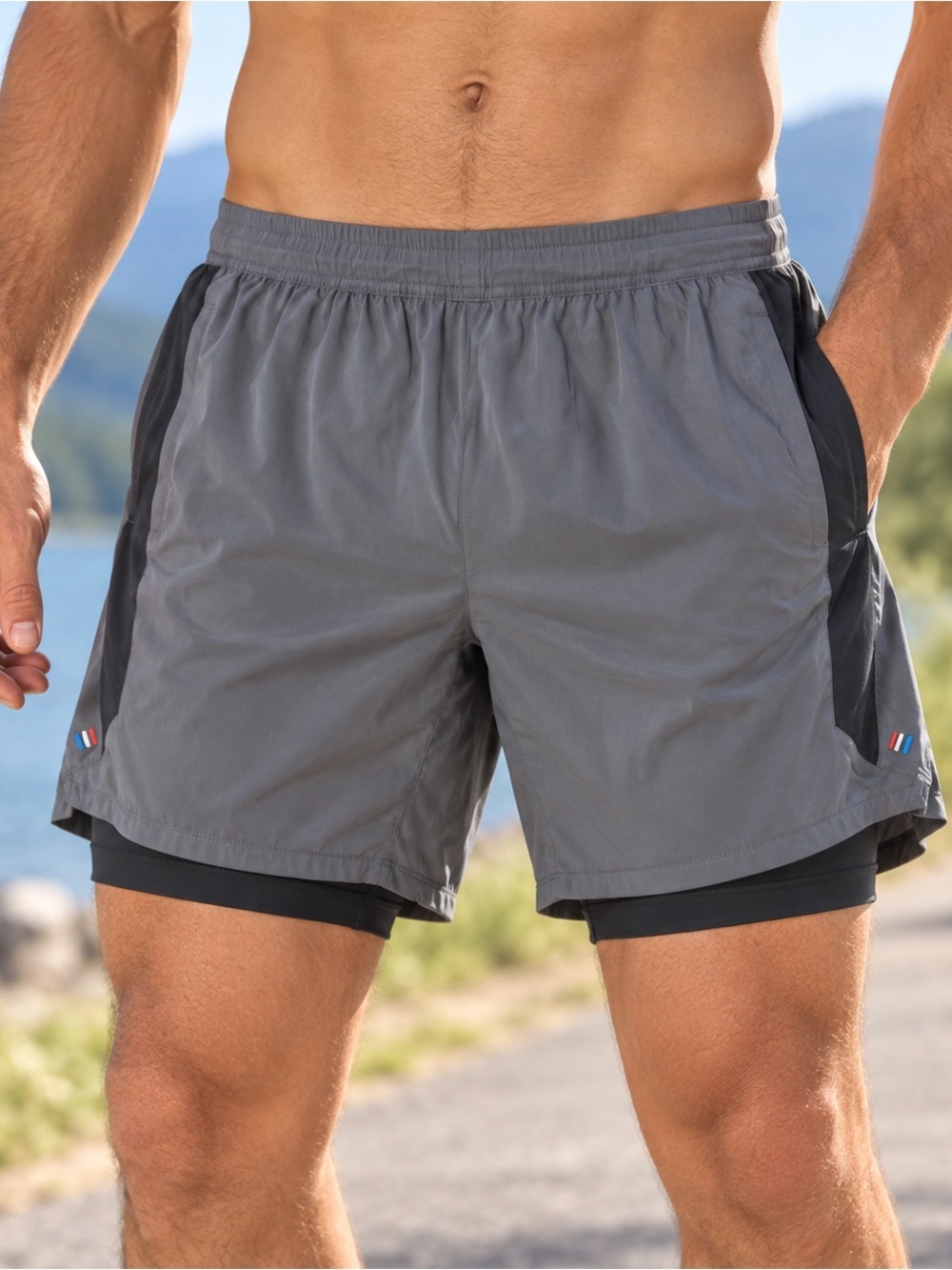 Fourlaps Athletic Running Shorts Lined Training Gym Workout Gray Black Mens XL